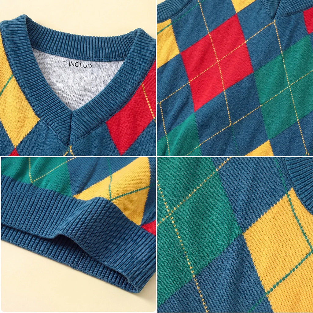 Boys Multicolour Self-Design Argyle Pattern Sweater Vest Sweaters & Cardigans