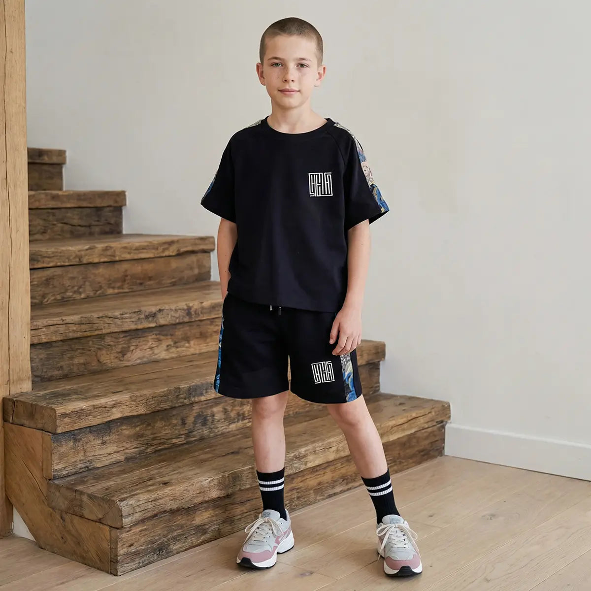 Boys Black Abstract Print Raglan Sleeves T-Shirt With Shorts Co-ord Sets Sets Black 5-6 Y