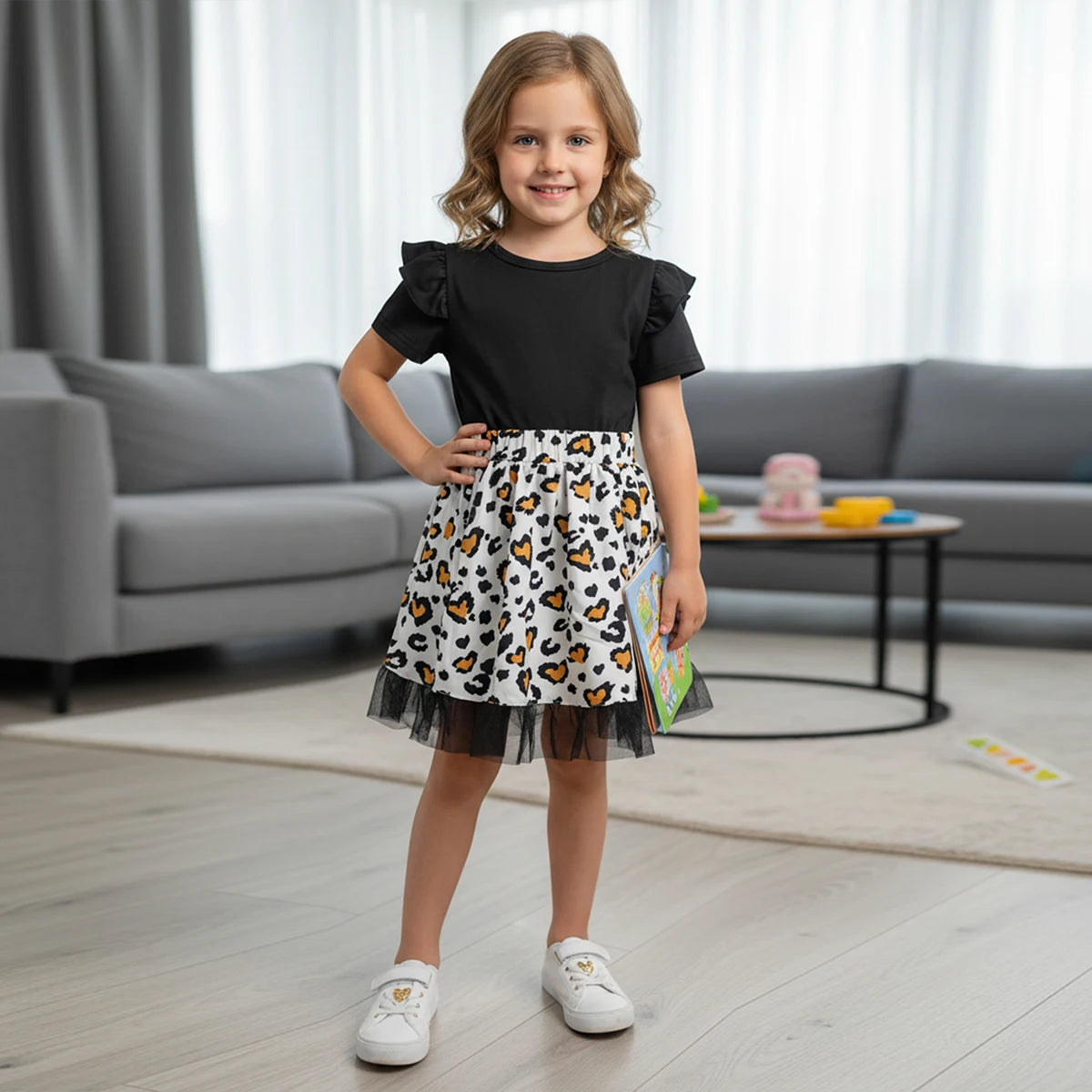 Girls Black Leopard Print Flutter Sleeve Fit & Flare Dress Casual Dresses Black 3-4 Y