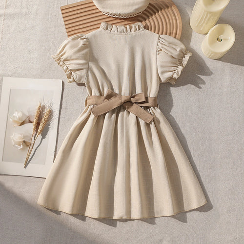 Girls Beige Floral Embroidered Fit & Flare Dress With Puff Sleeves Casual Dresses