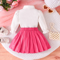 Girls Ruffle Applique Top With Pink Faux Leather Pleated Skirt Sets Sets