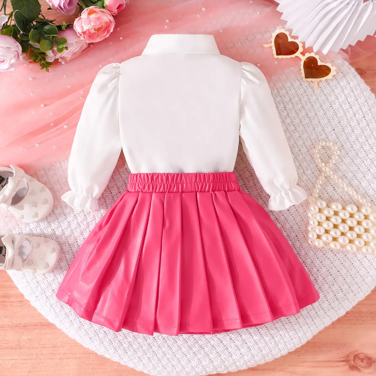 Girls Ruffle Applique Top With Pink Faux Leather Pleated Skirt Sets Sets
