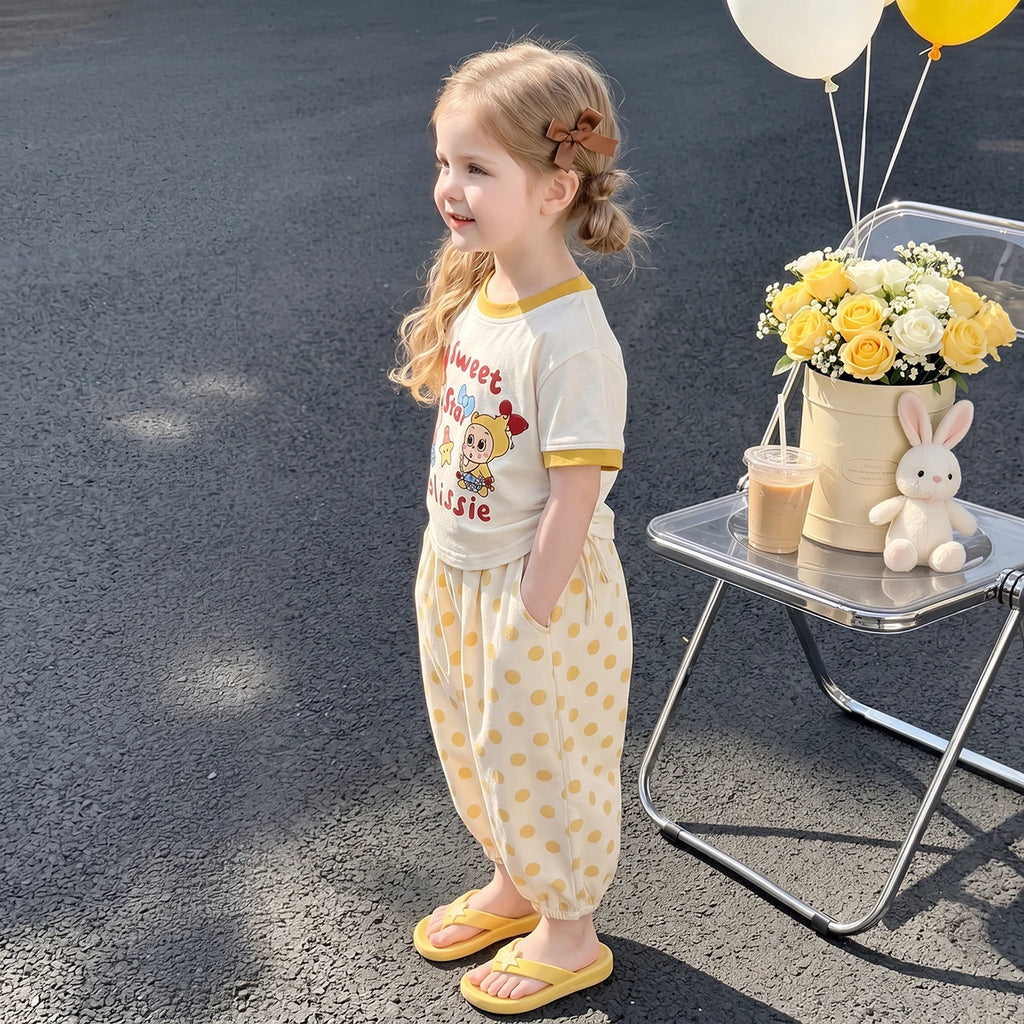 Girls Yellow Typography Print Short Sleeve T-Shirt With Polka Dot Pants Sets 2 pc. Sets