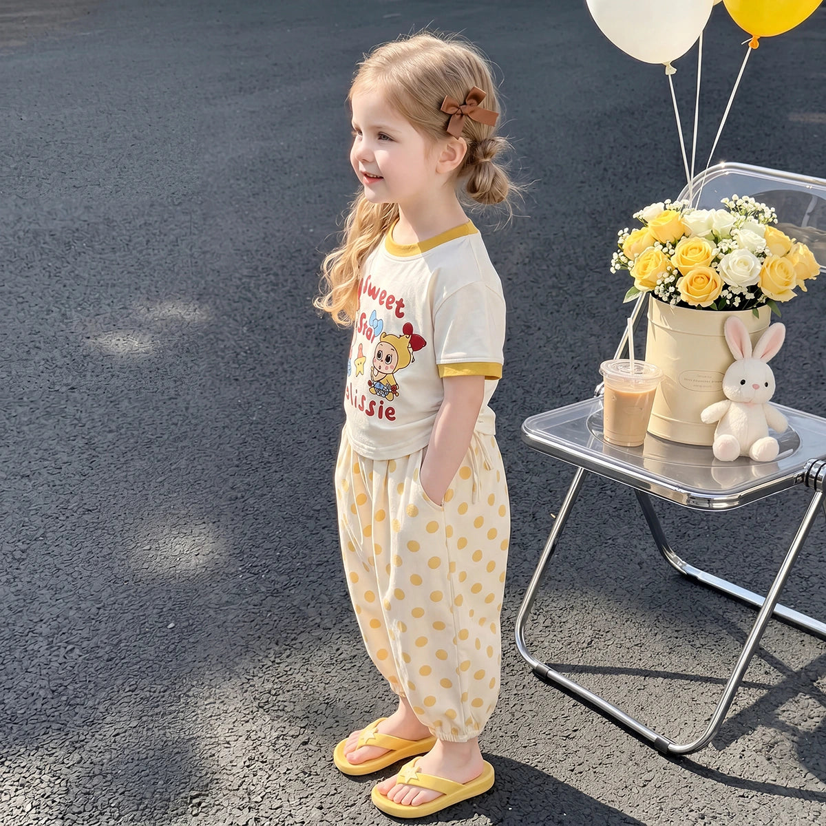 Girls Yellow Typography Print Short Sleeve T-Shirt With Polka Dot Pants Sets 2 pc. Sets