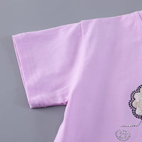Girls Purple Floral Embellished T-Shirt With Pleated Denim Shorts Set Sets
