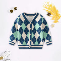 Boys Multicolor Cardigan With Self-design Diamond Patterns Sweaters & Cardigans Multicolor 2-3 Y