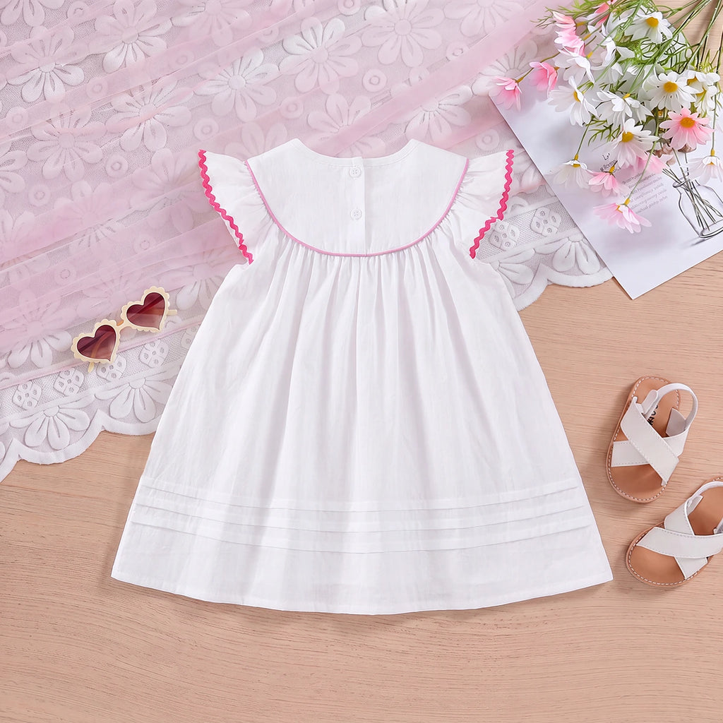 Girls White Embroidered Flutter Sleeve Dress Casual Dresses