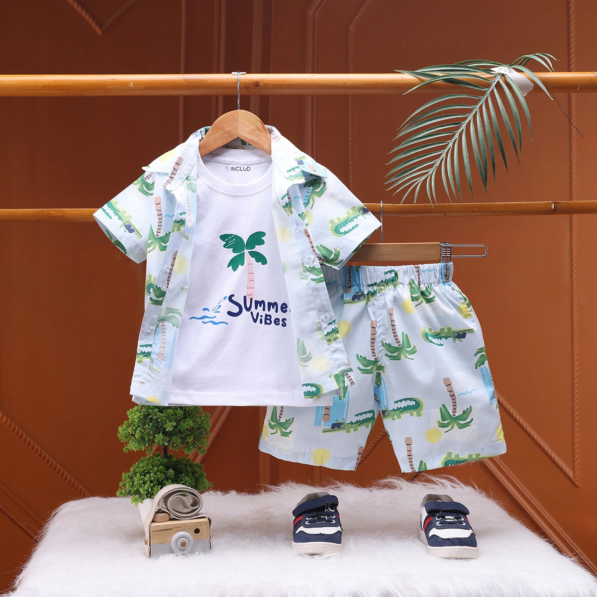 Boys Blue Tropical Print Shirt With Graphic T-Shirt And Elasticated Shorts Sets 3 pc. Sets Blue 1-2 Y