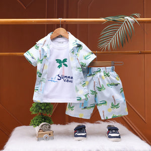 Boys Blue Tropical Print Shirt With Graphic T-Shirt And Elasticated Shorts Sets 3 pc. Sets Blue 1-2 Y