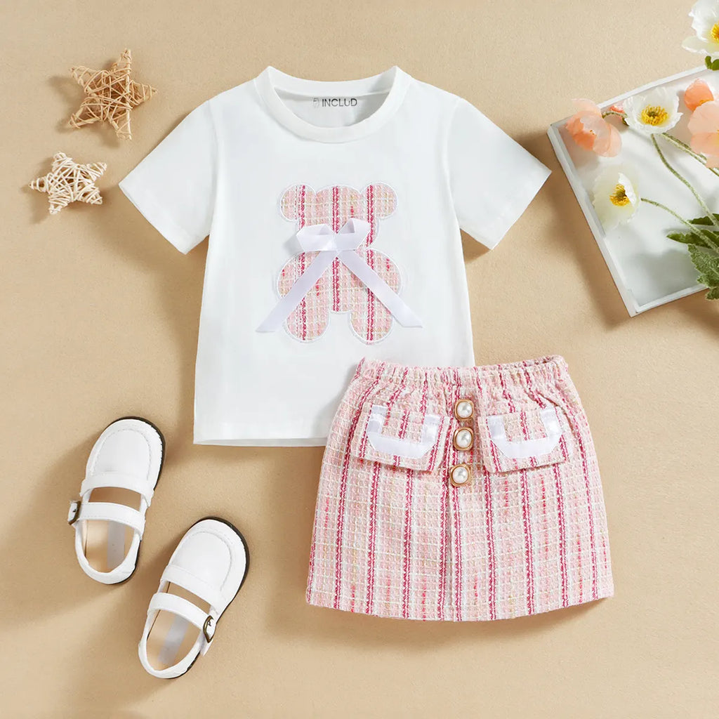 Girls Pink Teddy Bear Applique Short Sleeve T-Shirt With Skirt Sets 2 pc. Sets Pink 1-2 Y