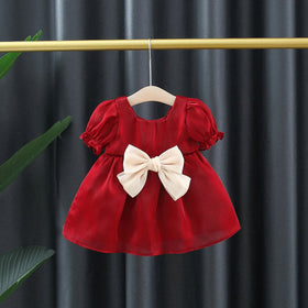 Girls Short Sleeve Square Neck Dress With Bow Casual Dresses Red 2-3 Y 