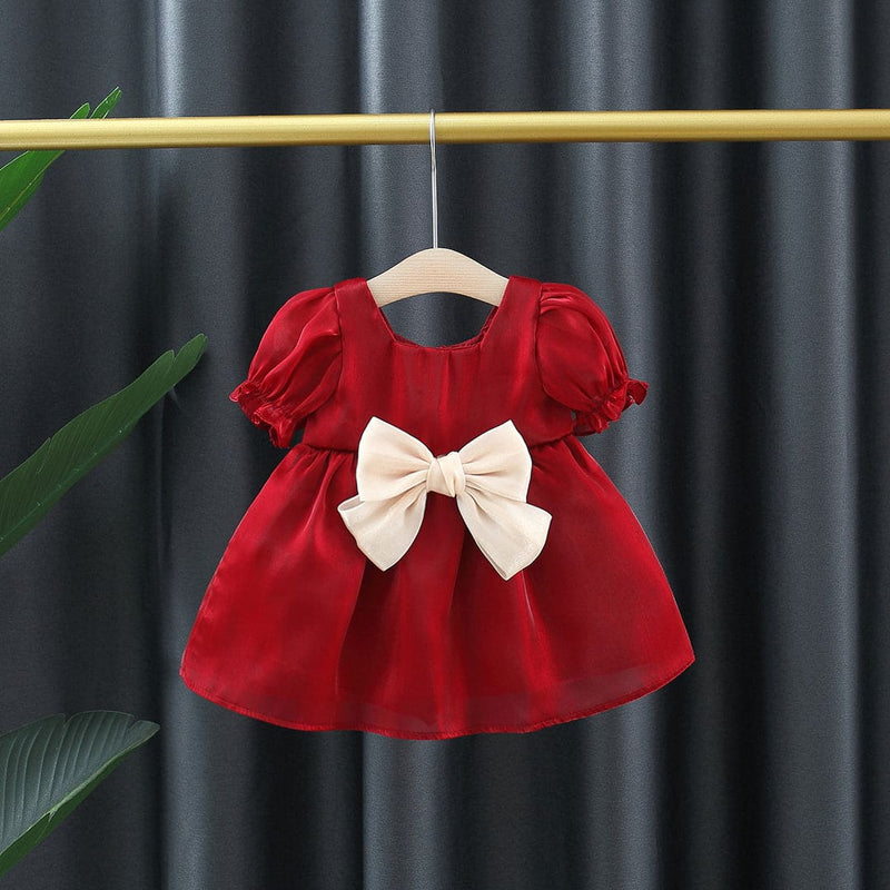 Girls Short Sleeve Square Neck Dress With Bow Casual Dresses Red 2-3 Y 
