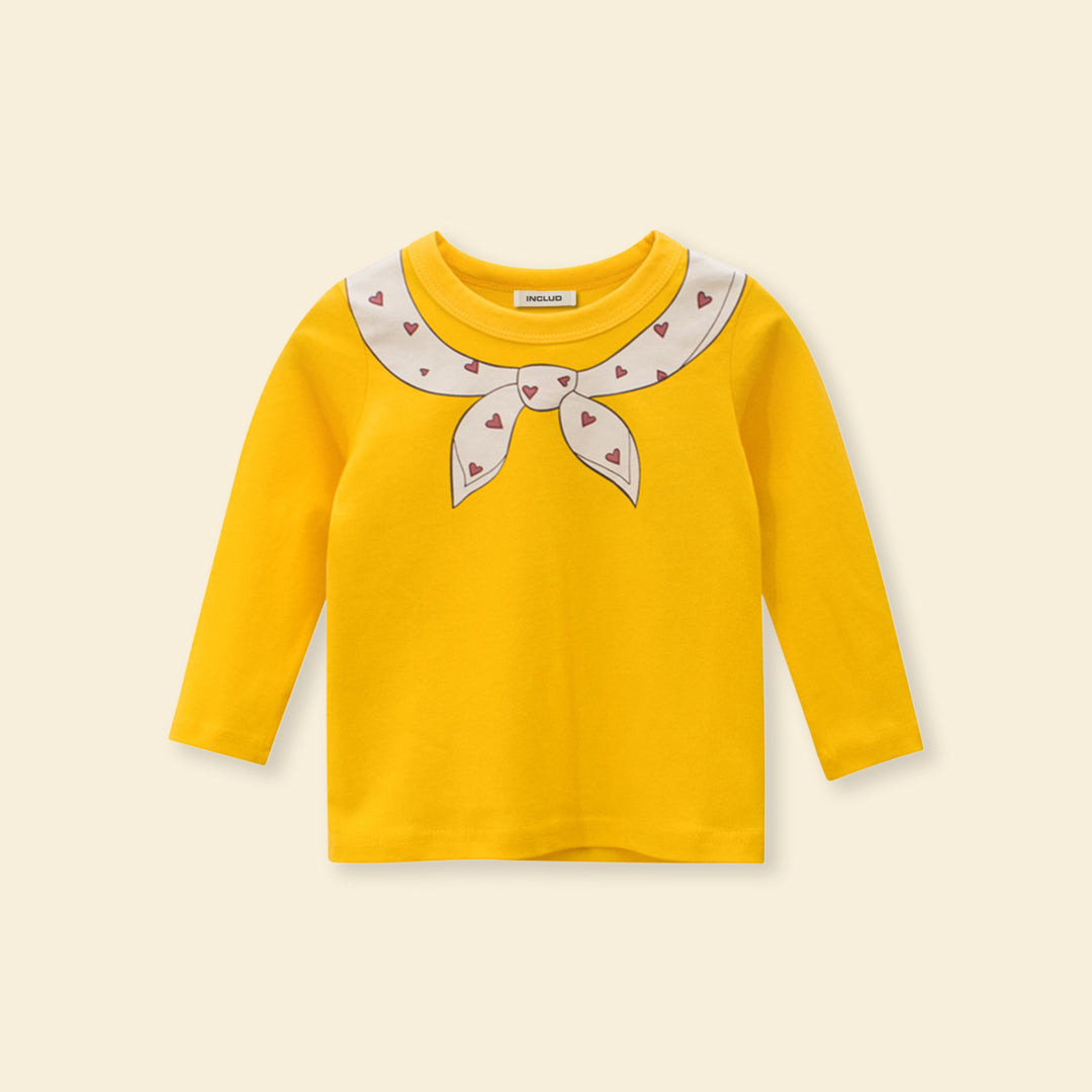 Girls Neck Bow Tie Print Long Sleeves T-Shirt Tshirts   