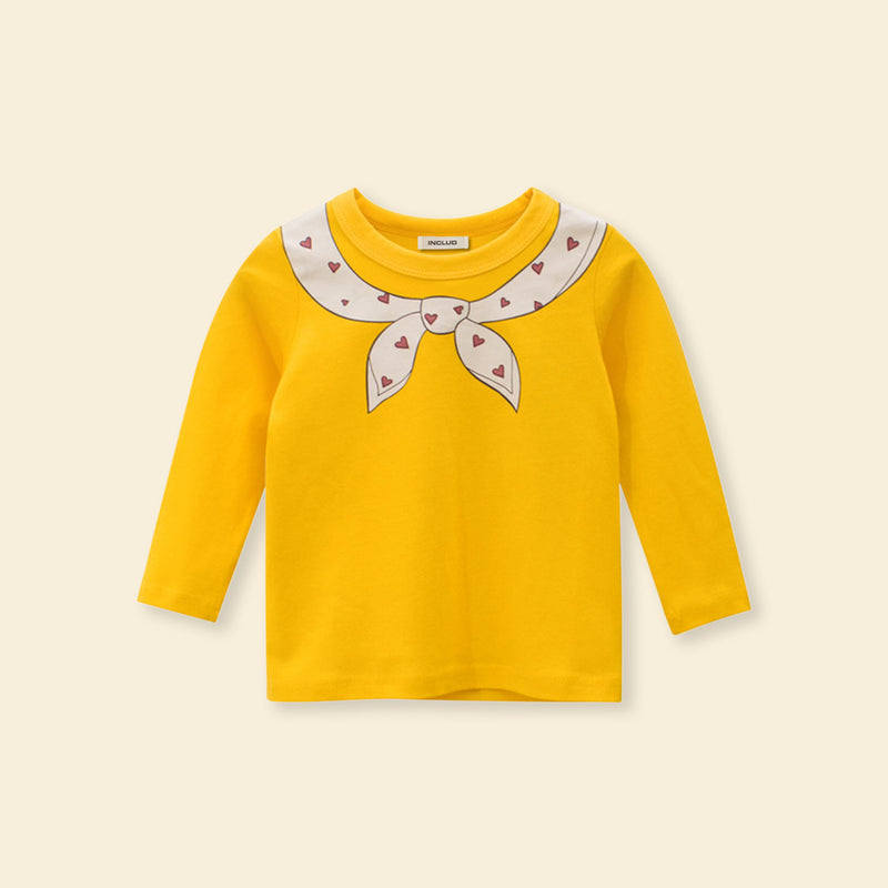 Girls Neck Bow Tie Print Long Sleeves T-Shirt Tshirts   