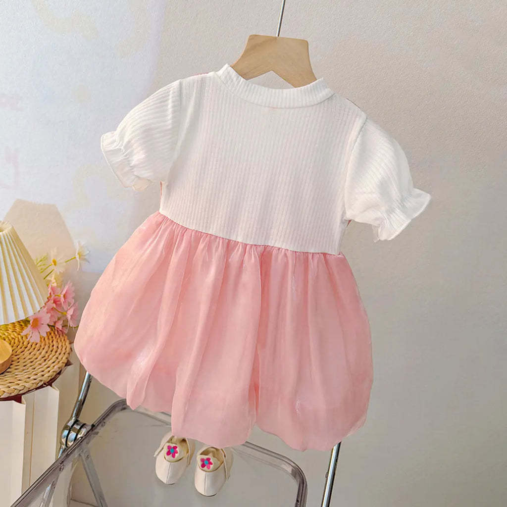 Girls Light Pink Flower Applique Mock Vest Balloon Dress Casual Dresses