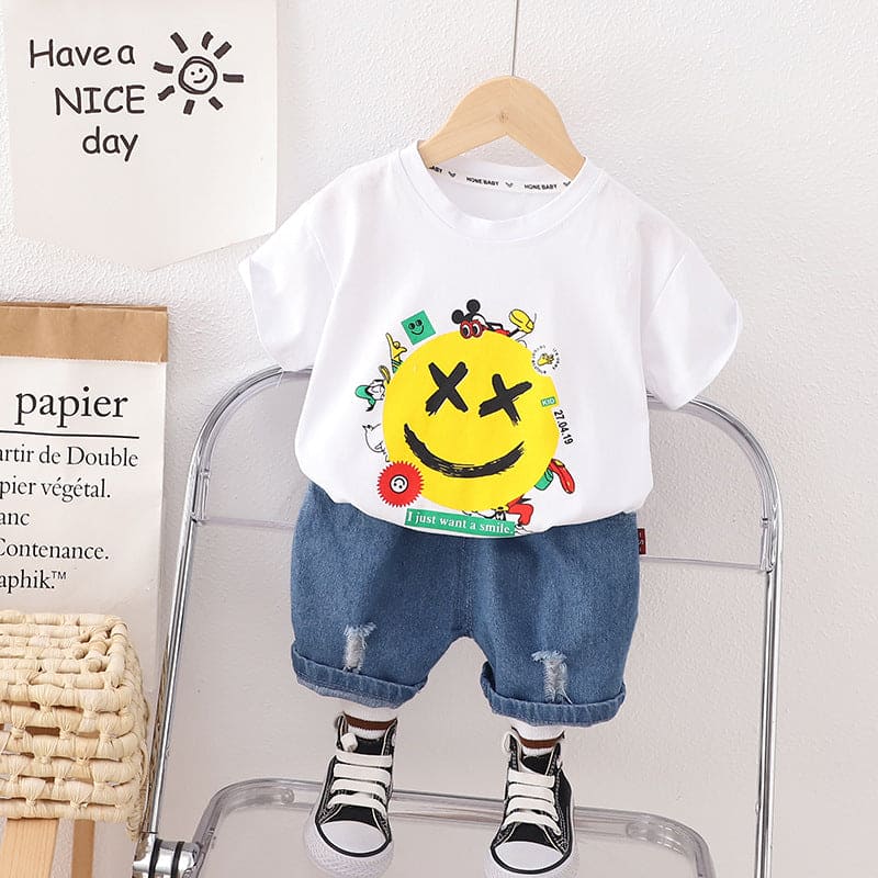 Boys White Smiley Print Tshirt with Denim Bermuda Sets White 1-2 Y 