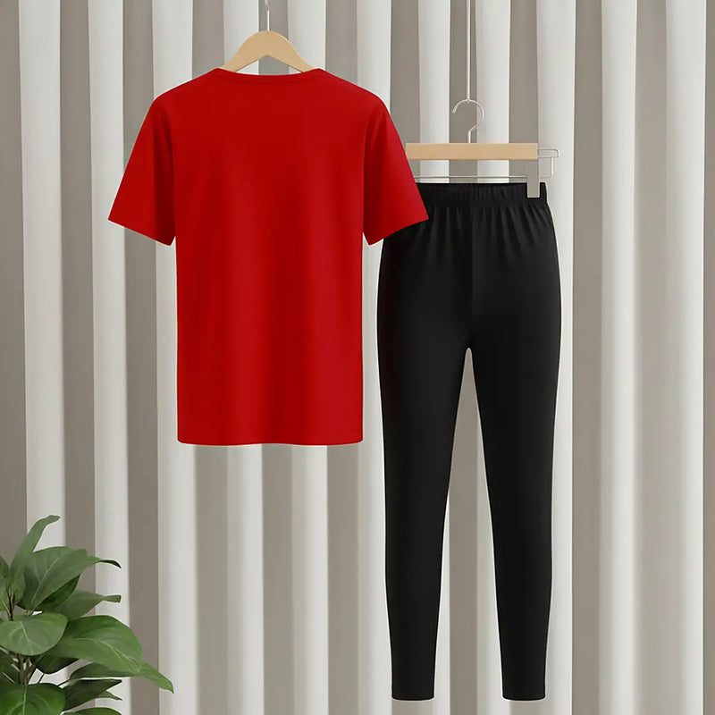 Girls Red Graphics Short Sleeves T-Shirt With Distressed Printed Legging Sets Sets