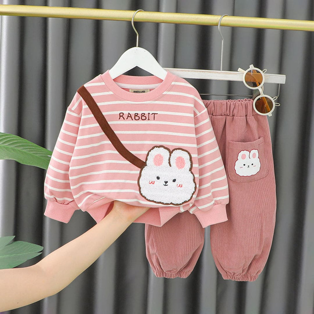 Girls Pink Striped Sweatshirt with Corduroy Pants Set Winterwear Sets Pink 1-2 Y 