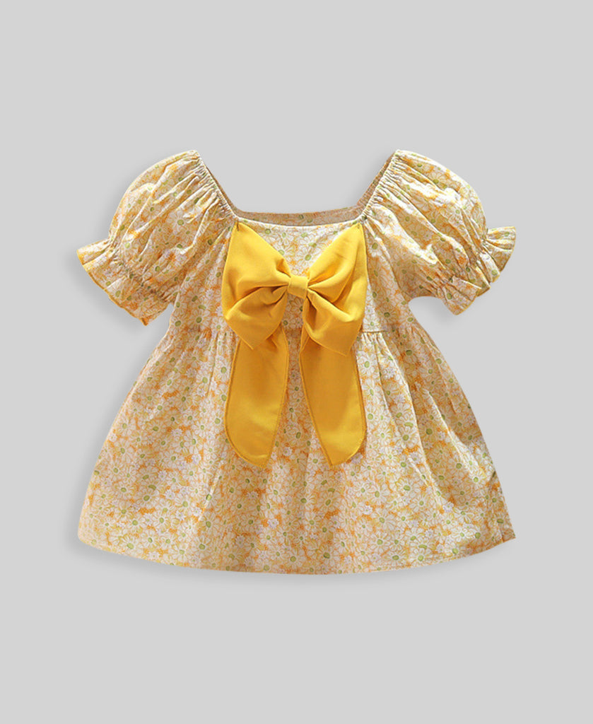 Girls Yellow All Over Printed Dress with Bow Applique