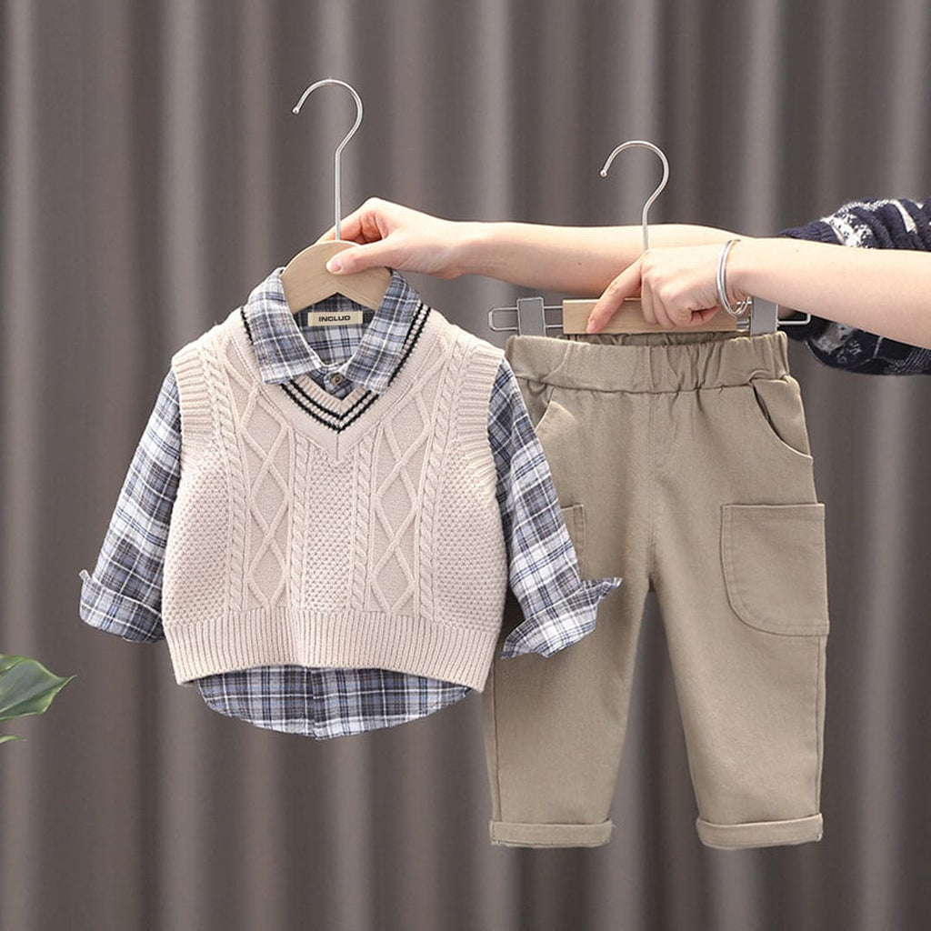 Boys White Flannel Shirt Trouser with Sweater Set