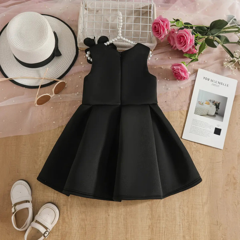 Girls Black Sleeveless Fit & Flare Party Wear Dress With Delicate Floral Appliques Party Dresses
