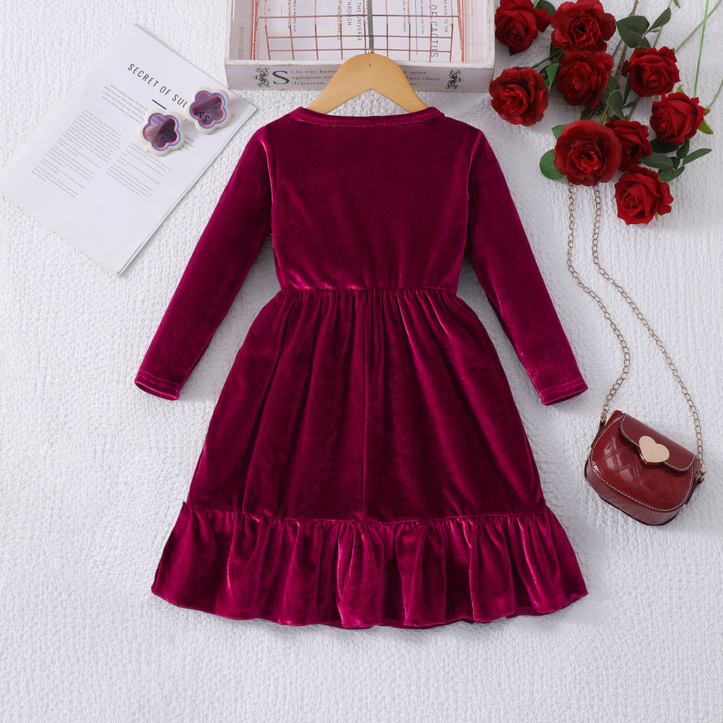 Girls Maroon Solid Velvet Beaded Fit & Flare Dress Casual Dresses