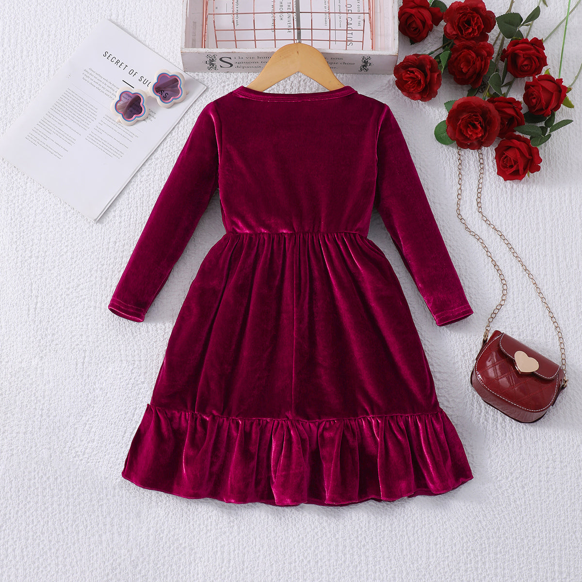 Girls Maroon Solid Velvet Beaded Fit & Flare Dress Casual Dresses