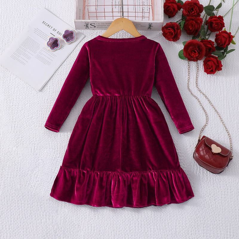 Girls Maroon Solid Velvet Beaded Fit & Flare Dress Casual Dresses