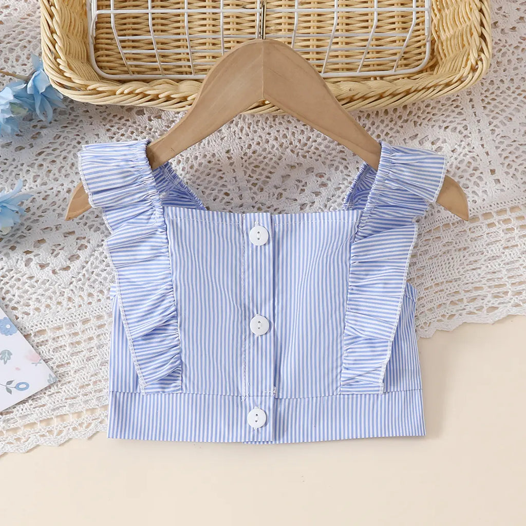 Girls Light Blue Stripes Sleeveless Crop Top With Pants Co-ord Sets Sets