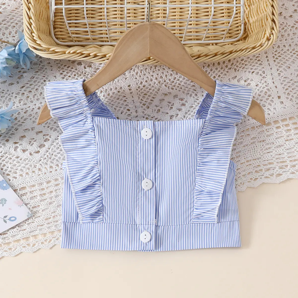 Girls Light Blue Stripes Sleeveless Crop Top With Pants Co-ord Sets Sets