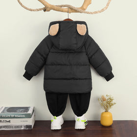 Girls Black Solid Hooded Quilted Down Jacket Coats & Jackets