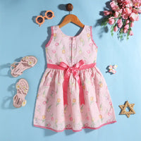 Girls Pink Floral Fit & Flare Schiffli Dress With flower Satin Belt Casual Dresses