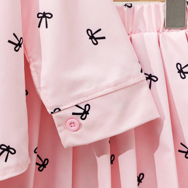 Girls Pink Bow Printed Shirt With Cami Top & Skirt Sets Sets