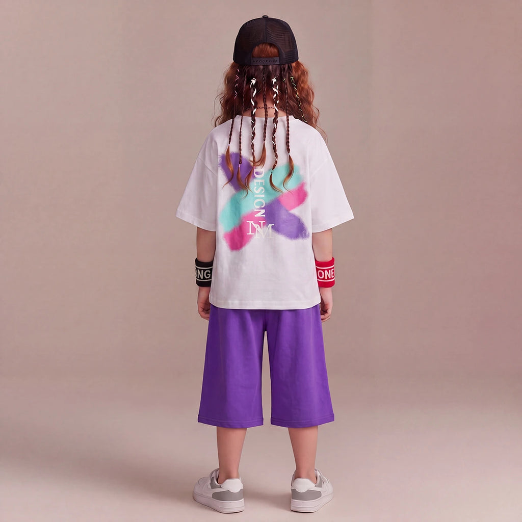 Girls White Typographic Print Short Sleeve T-Shirt With Shorts Sets 2 pc. Sets