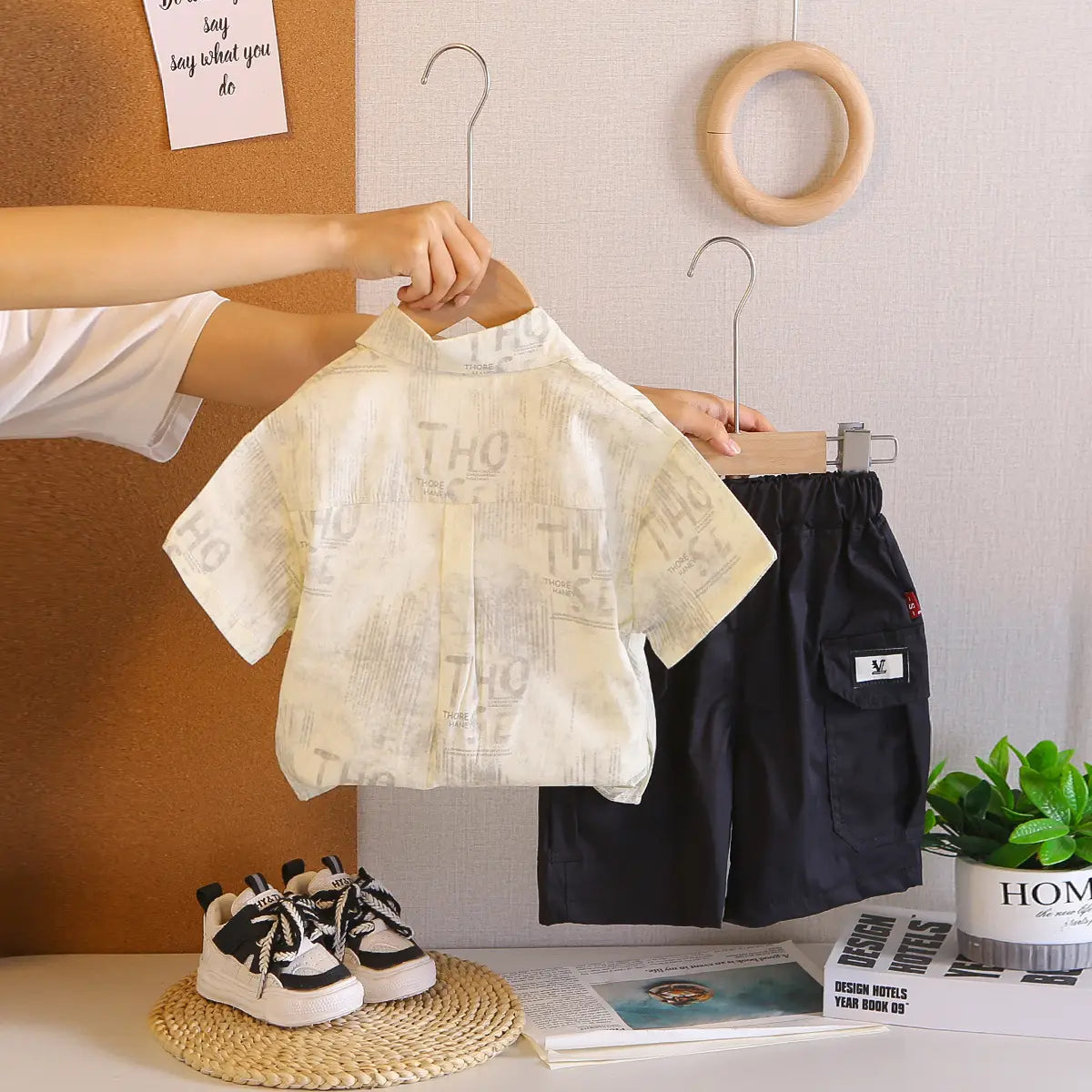 Boys Cream Typographic Shirt With T-Shirt And Elasticated Shorts Sets 3 pc. Sets
