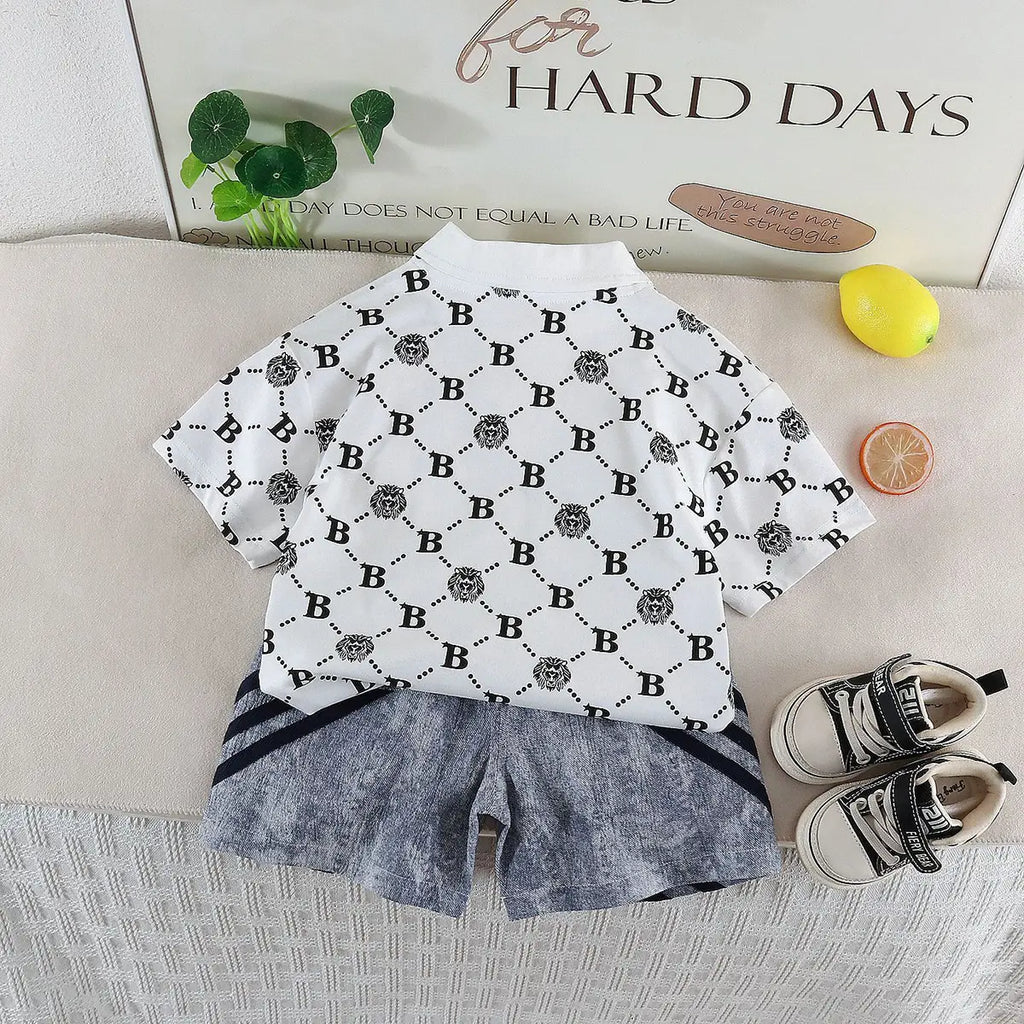 Boys White Lion Printed Short Sleeve Polo T-Shirt With Denim Shorts Sets 2 pc. Sets