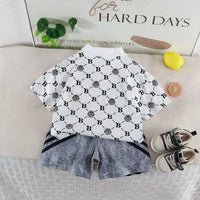 Boys White Lion Printed Short Sleeve Polo T-Shirt With Denim Shorts Sets 2 pc. Sets