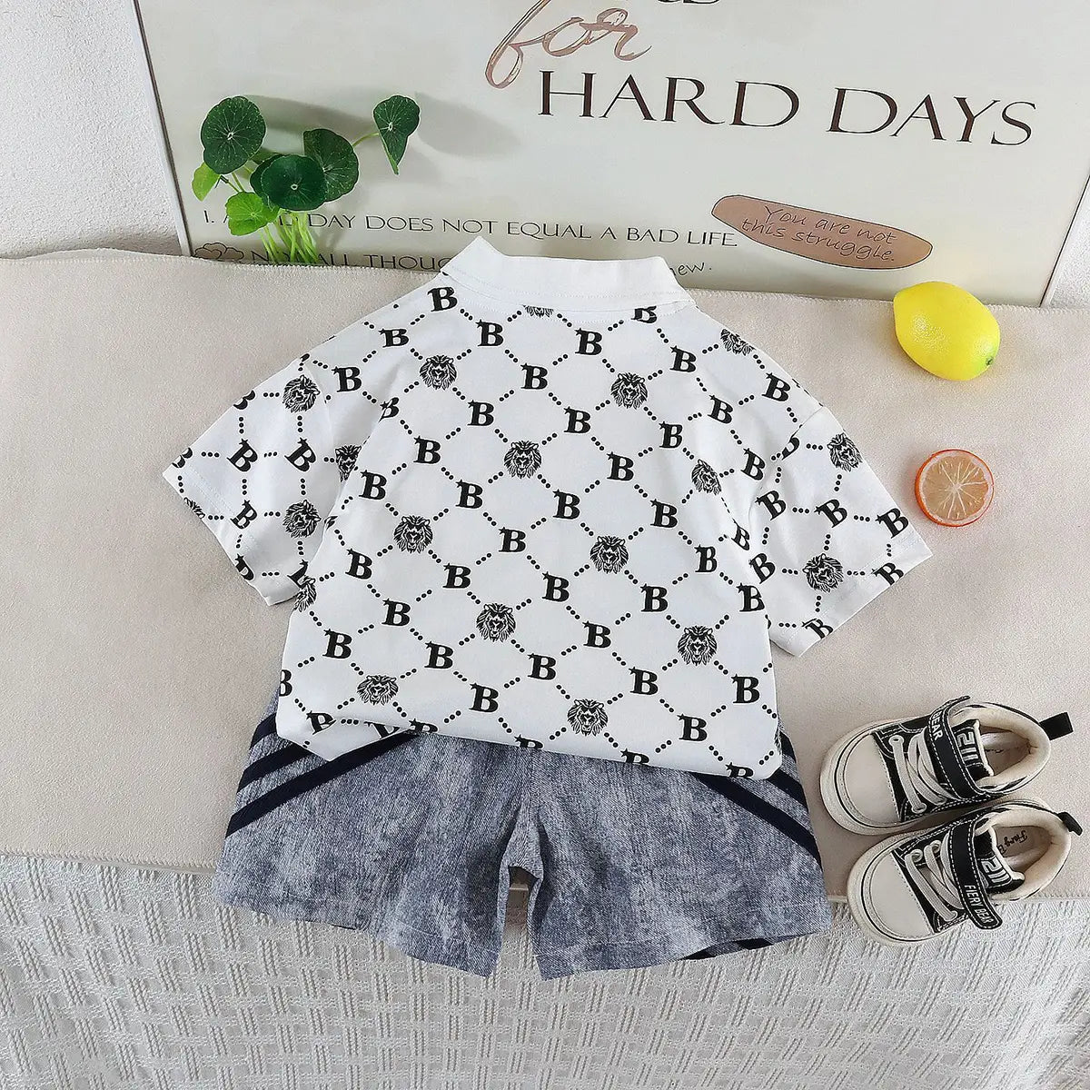 Boys White Lion Printed Short Sleeve Polo T-Shirt With Denim Shorts Sets 2 pc. Sets
