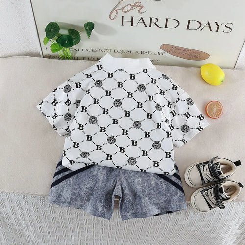 Boys White Lion Printed Short Sleeve Polo T-Shirt With Denim Shorts Sets 2 pc. Sets