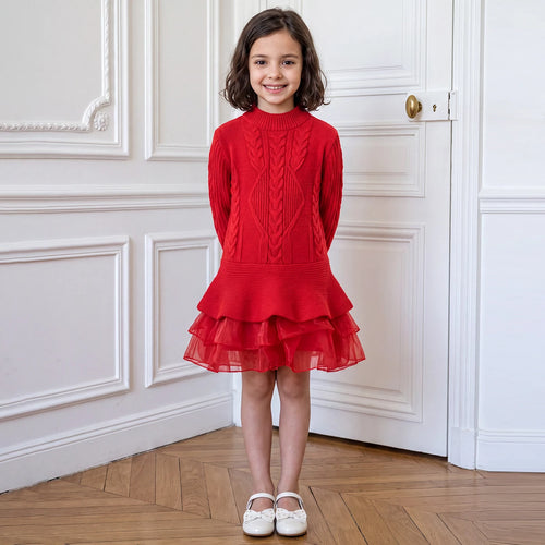 Girls Red Cable Knit Long Sleeve Drop-Waist Dress Casual Dresses Red 1-2 Y