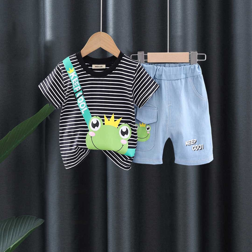 Boys Striped Frog Print T-Shirt With Denim Shorts Set