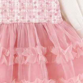Girls Pink Textured Puff Sleeve Fit & Flare Dress Casual Dresses