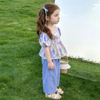 Girls Blue Floral Print Puff Sleeve Top With Pants Sets Sets