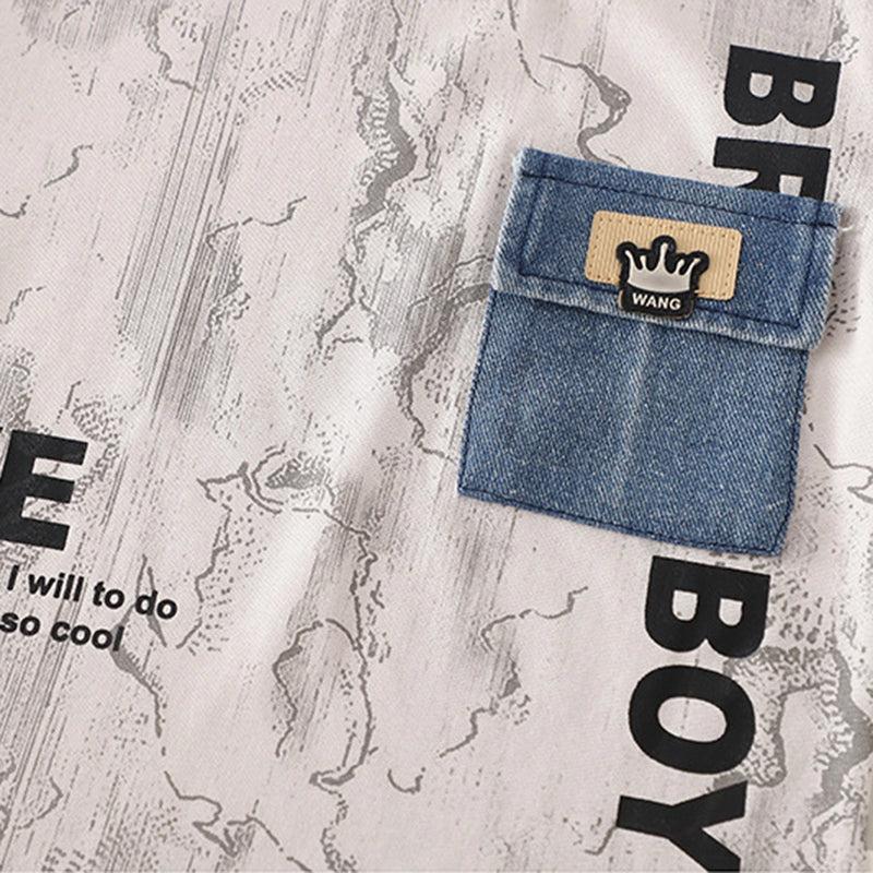 Boys Beige Typographic Printed Short Sleeve T-Shirt With Denim Shorts Sets 2 pc. Sets