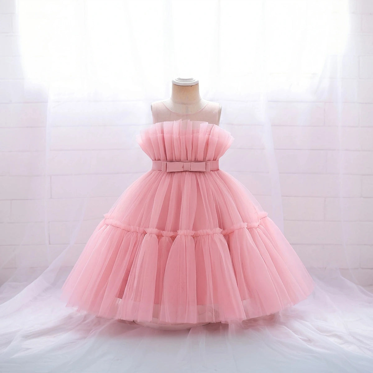 Girls Pink Sleeveless Tutu Partywear Dress With Back Bow Party Dresses Pink 1-2 Y