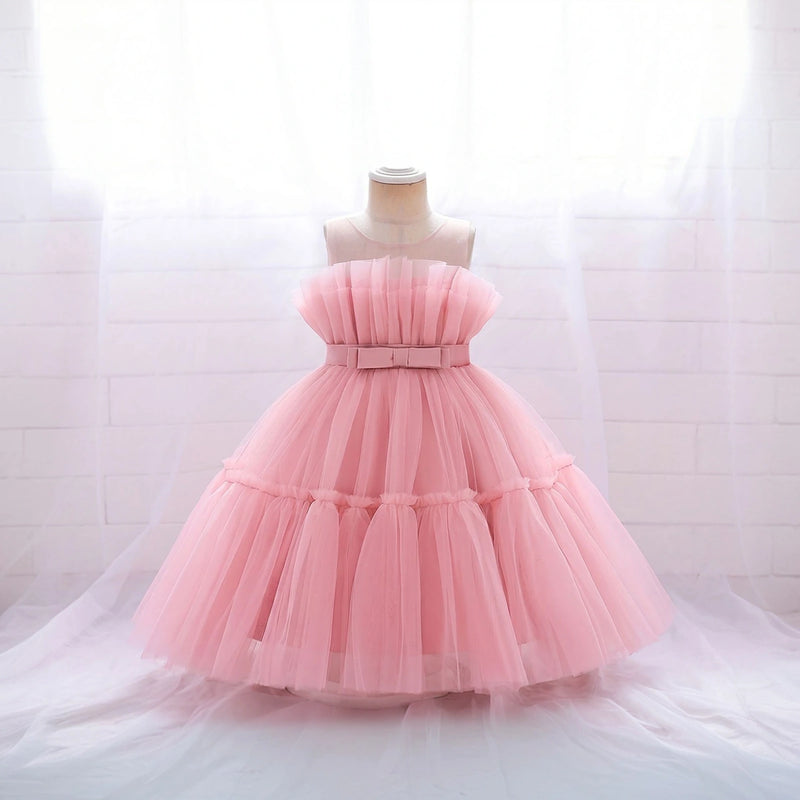 Girls Pink Sleeveless Tutu Partywear Dress With Back Bow Party Dresses Pink 1-2 Y