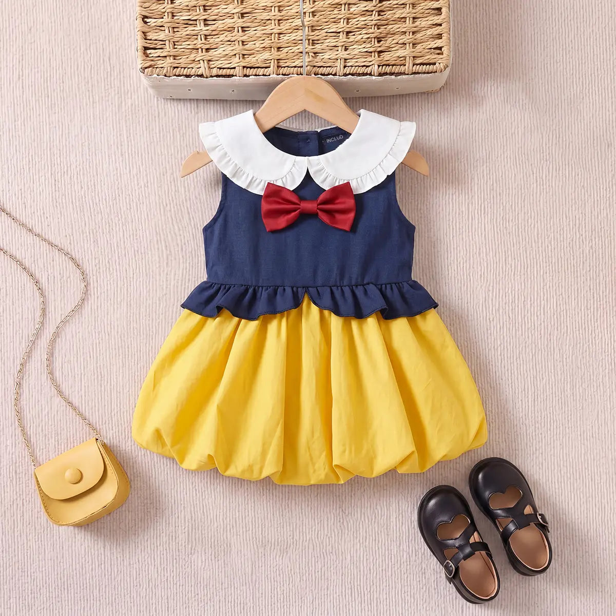 Girls Navy Blue Bow Detail Peter Pan Collar Fit & Flare Dress Casual Dresses Navy Blue 1-2 Y