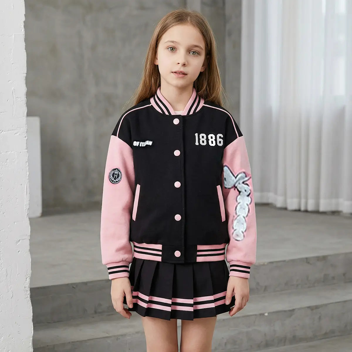 Girls Pink Alphanumeric Printed Varsity Jacket With Pleated Skirt Sets 2 pc. Sets