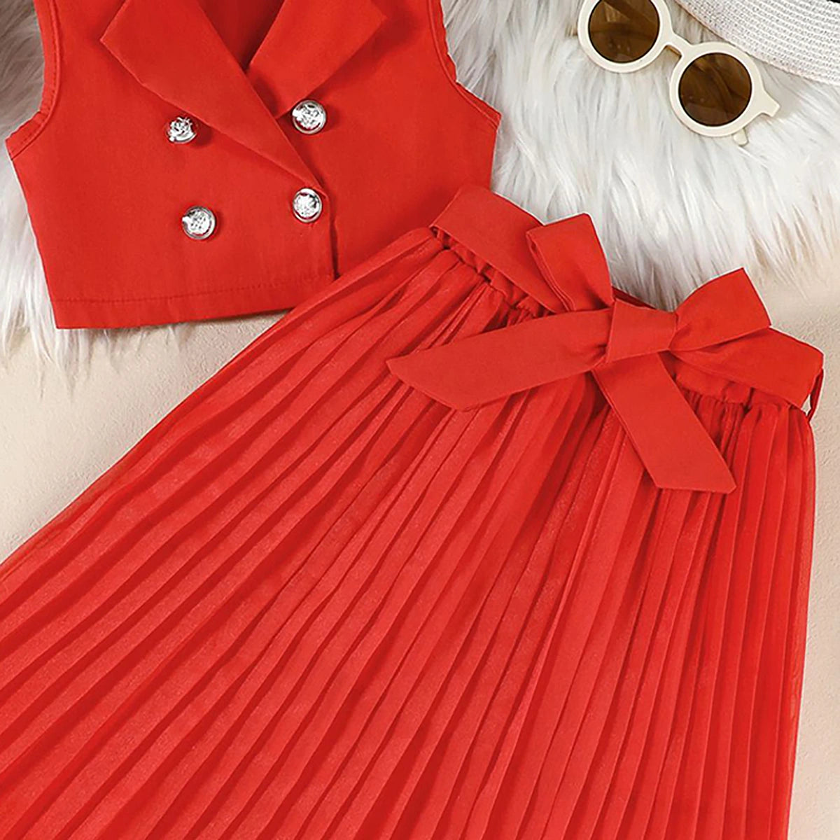 Girls Red Sleeveless Top With Pleated Flared Skirt Sets 2 pc. Sets