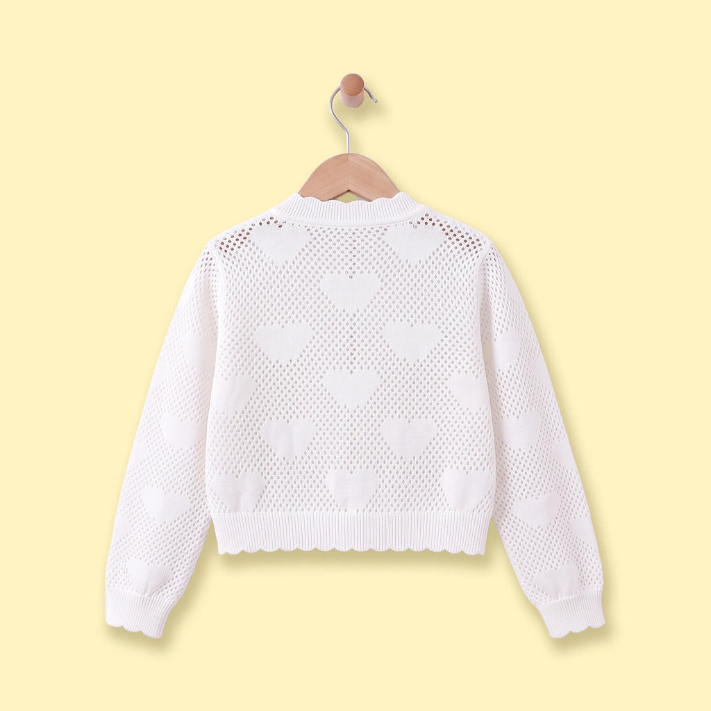 Girls White Heart Pattern Cardigan Sweaters & Cardigans